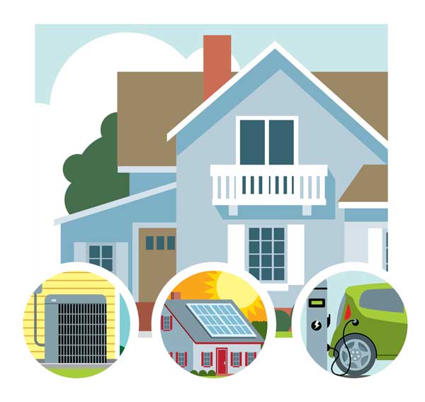illustration of a house with AC, solar panel, electric vehicle