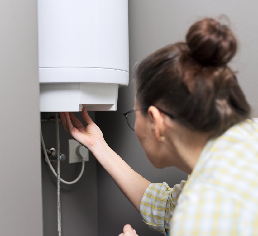 A woman inspecting her electric water heater