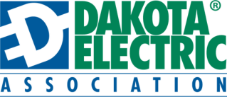 Dakota Electric Association logo with a stylized blue ‘D’ icon and bold green uppercase text reading ‘Dakota Electric,’ with ‘Association’ in smaller blue lettering below.